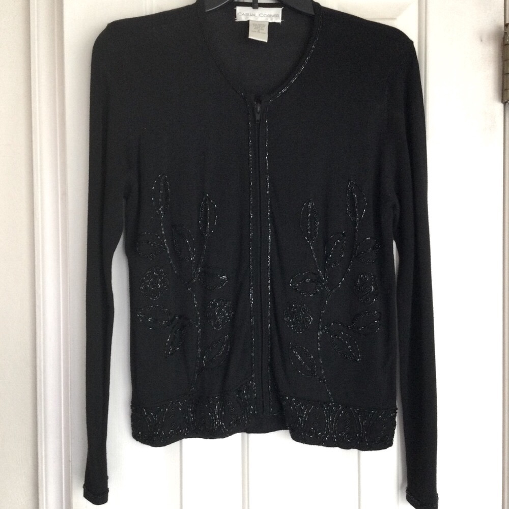 Casual Corner Hand Beaded Black Zip Cardigan Top